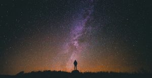 Night lights, starry sky, Man watching