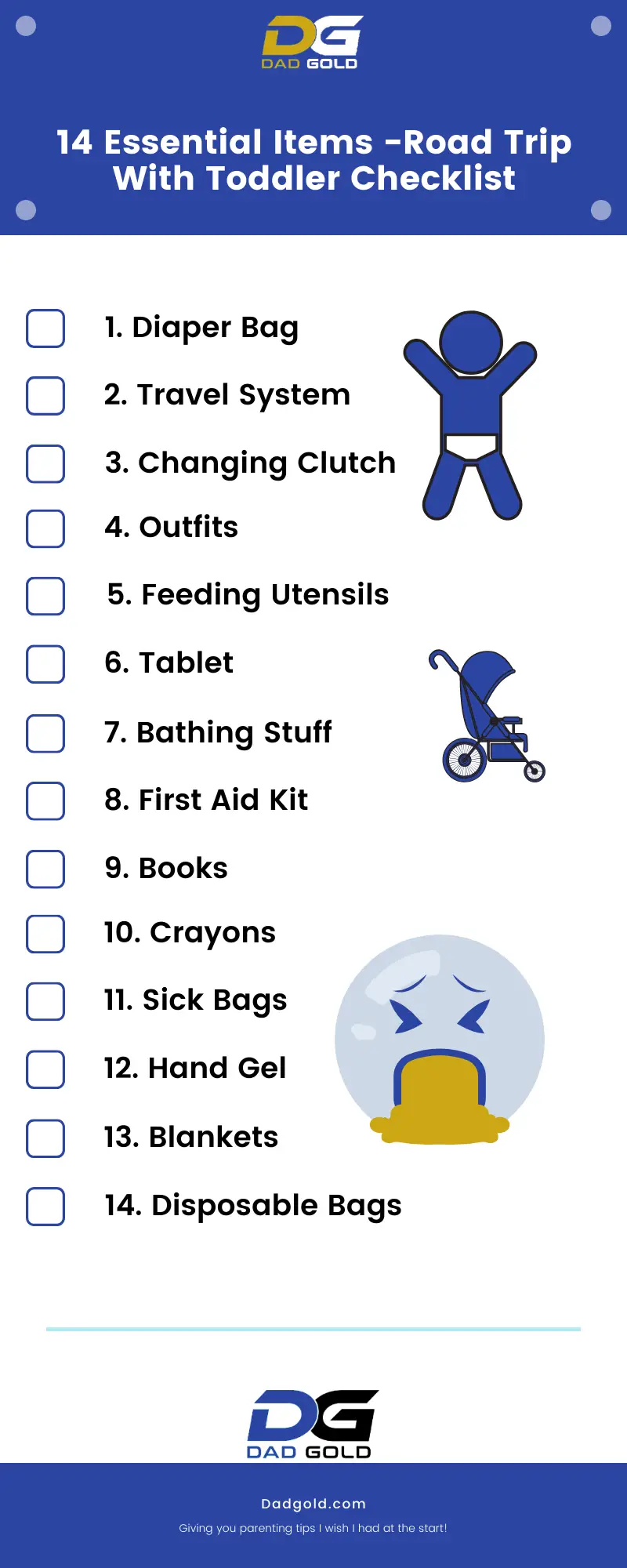 14 Essential Items -Road Trip With Toddler Checklist Infographic