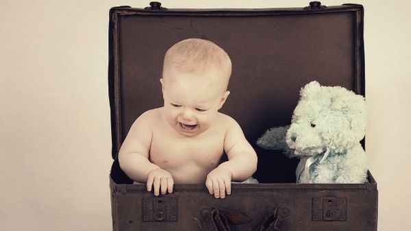 baby and teddy in suitcase