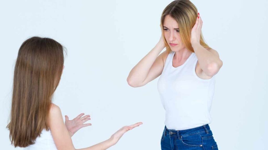 little girl talking mom not listening